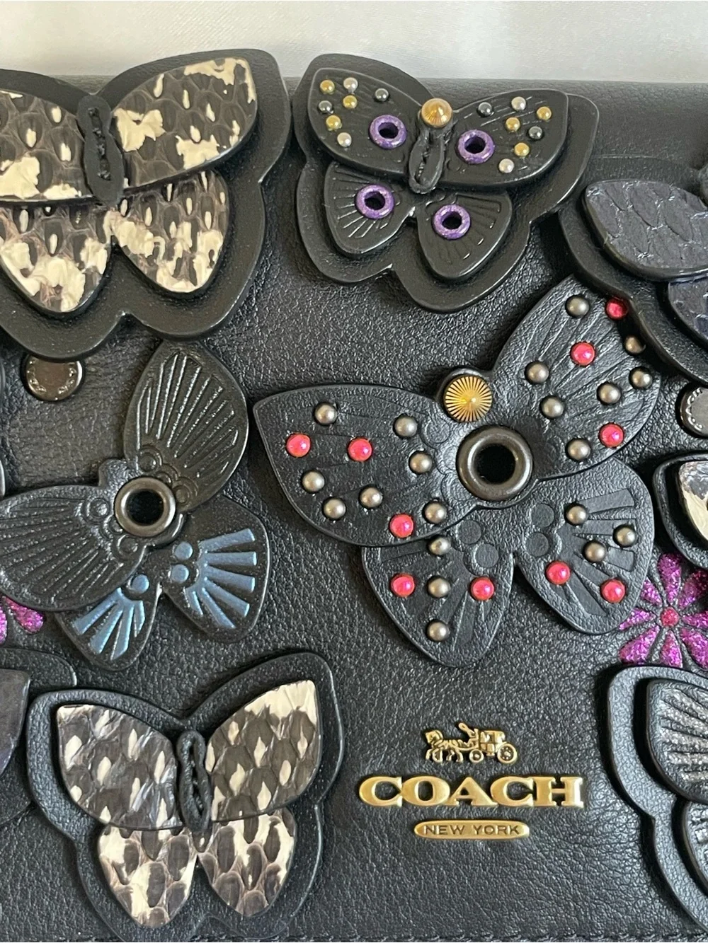 Coach 1941 Callie Foldover Chain Crossbody Bag Butterfly Applique Clutch Black